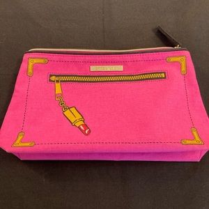 Estee Lauder Neon Pink makeup bag with lipstick & zipper print.